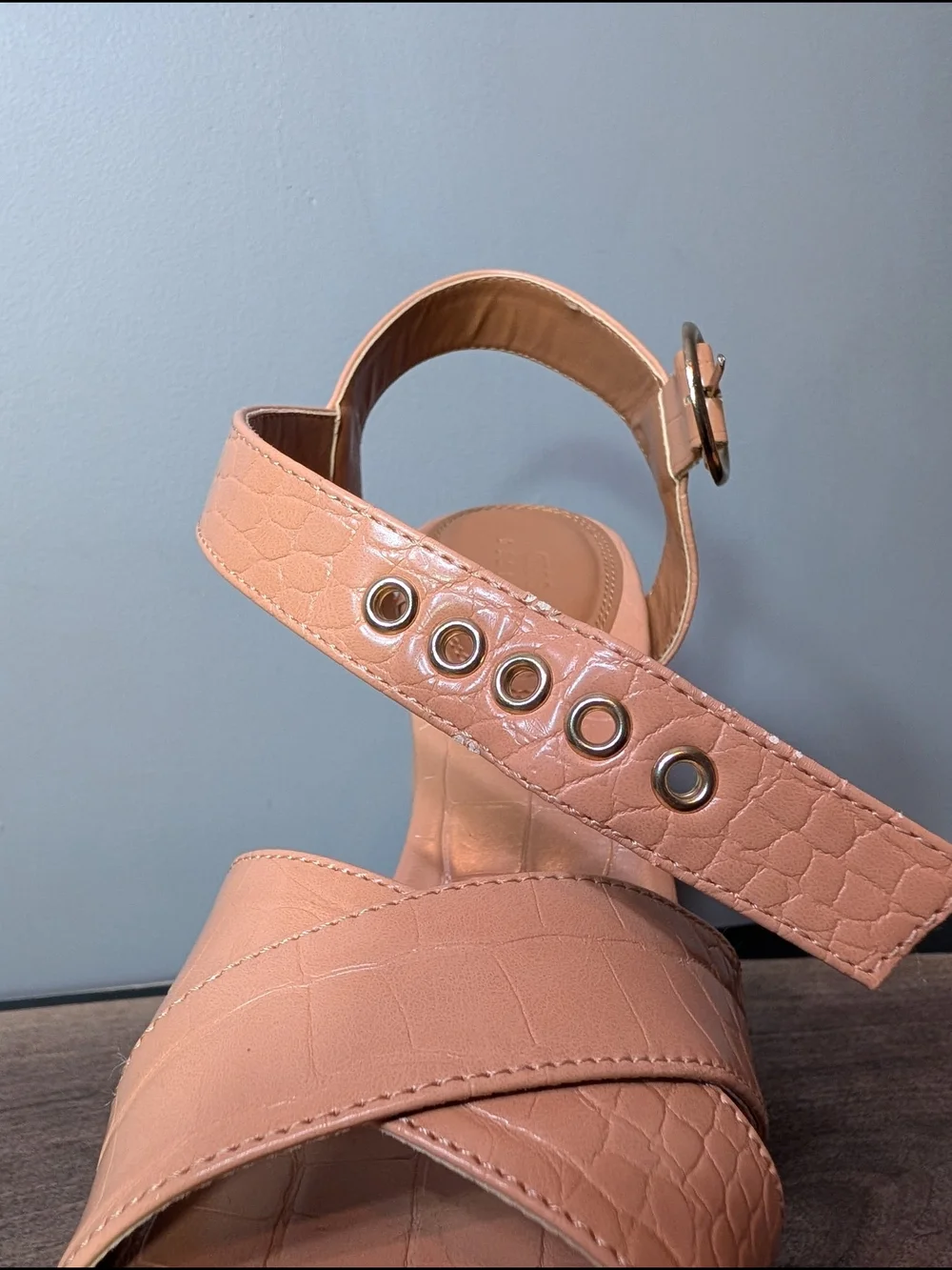 ASOS Croc-Embossed Platform Block Heel Sandals in Peach